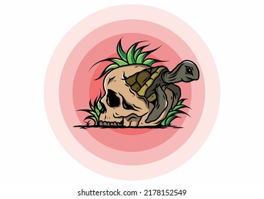 illustration design of the Sea turtle in the skull shape with several grass