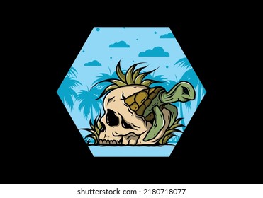 illustration design of the Sea turtle in the skull shape with several grass