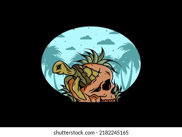 illustration design of the Sea turtle in the skull shape with several grass