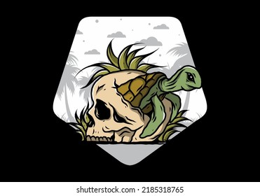 illustration design of the Sea turtle in the skull shape with several grass