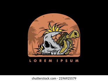 illustration design of the Sea turtle in the skull shape with several grass