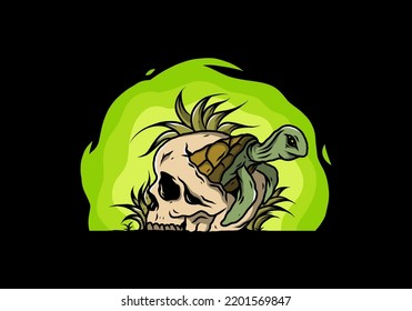 illustration design of the Sea turtle in the skull shape with several grass