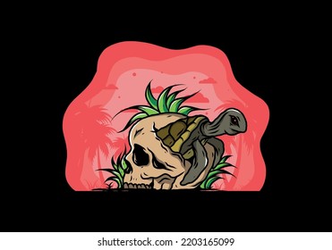 illustration design of the Sea turtle in the skull shape with several grass