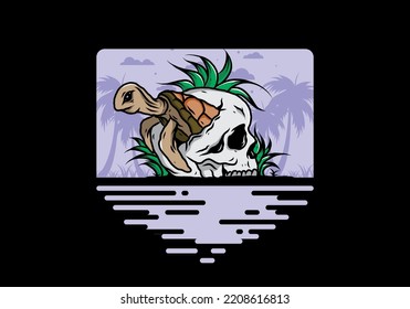 illustration design of the Sea turtle in the skull shape with several grass