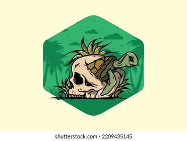 illustration design of the Sea turtle in the skull shape with several grass