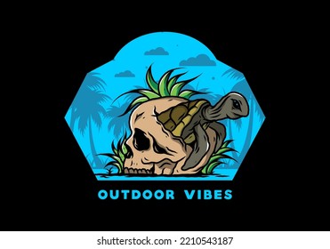 illustration design of the Sea turtle in the skull shape with several grass