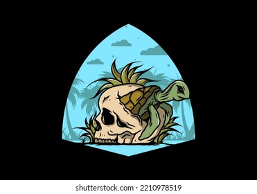 illustration design of the Sea turtle in the skull shape with several grass