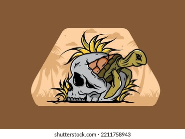 illustration design of the Sea turtle in the skull shape with several grass