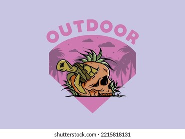 illustration design of the Sea turtle in the skull shape with several grass