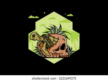 illustration design of the Sea turtle in the skull shape with several grass