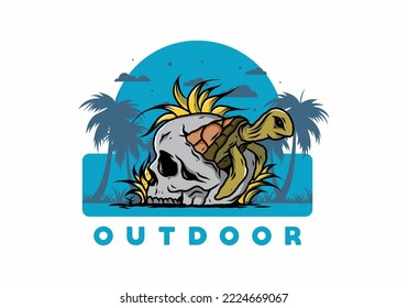 illustration design of the Sea turtle in the skull shape with several grass