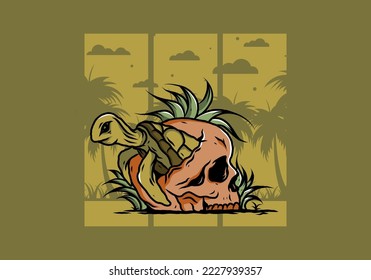 illustration design of the Sea turtle in the skull shape with several grass