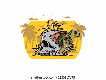 illustration design of the Sea turtle in the skull shape with several grass