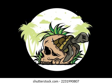illustration design of the Sea turtle in the skull shape with several grass