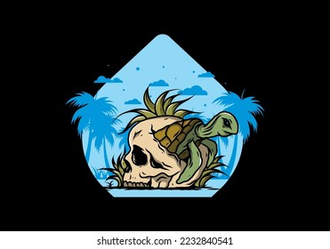 illustration design of the Sea turtle in the skull shape with several grass