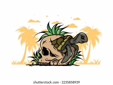 illustration design of the Sea turtle in the skull shape with several grass