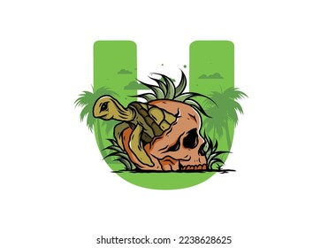illustration design of the Sea turtle in the skull shape with several grass