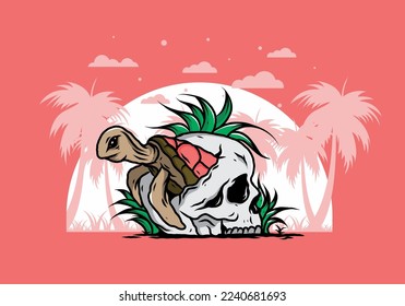 illustration design of the Sea turtle in the skull shape with several grass