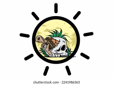 illustration design of the Sea turtle in the skull shape with several grass