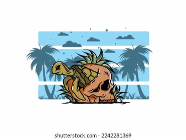 illustration design of the Sea turtle in the skull shape with several grass