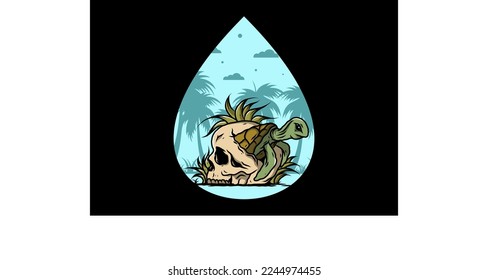 illustration design of the Sea turtle in the skull shape with several grass