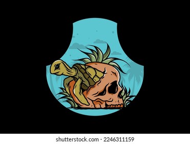 illustration design of the Sea turtle in the skull shape with several grass