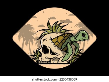 illustration design of the Sea turtle in the skull shape with several grass