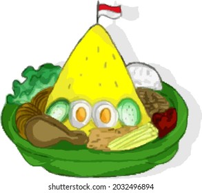 is an illustration of the design of a series of food to be served in special events in Indonesia. commonly called tumpeng rice, because it is made from yellow rice and a series of side dishes.