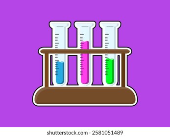 Illustration design of several test tubes with liquid, on wooden holder, chemical laboratory equipment, realistic flat icon vector in sticker design style on purple background