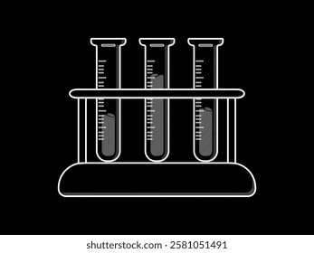 Illustration design of several test tubes with liquid, on wooden holder, chemical laboratory equipment, simple flat icon vector in white line design style only on black background