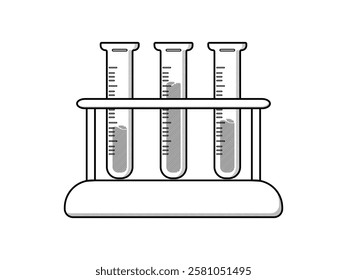 Illustration design of several test tubes with liquid, on wooden holder, chemical laboratory equipment, simple flat icon vector in black line design style only on white background