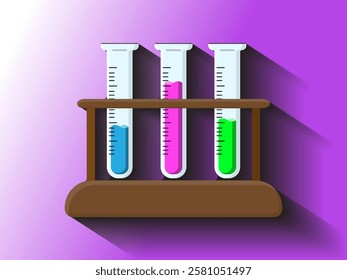 Illustration design of several test tubes with liquid, on a wooden holder, chemical laboratory equipment, realistic vector icon with long shadow isolated on gradient purple background