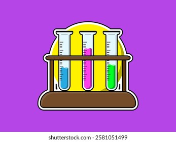 Illustration design of several test tubes with liquid, on a wooden holder, vector flat icon styled sticker design of chemical laboratory equipment with purple background and round shape