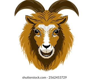 Illustration design of a shaggy and long goat head in gold color with curved horns