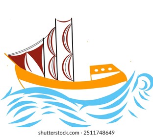 Illustration design of a ship sailing through blue ocean waves