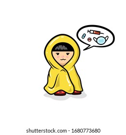 Illustration Design of Sikcness Kid, Need Medicine, in Flat Style
