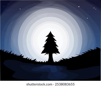 Un diseño de ilustración para la silueta de un árbol de Navidad contra el fondo del cielo nocturno y la luna llena
Para su ilustración