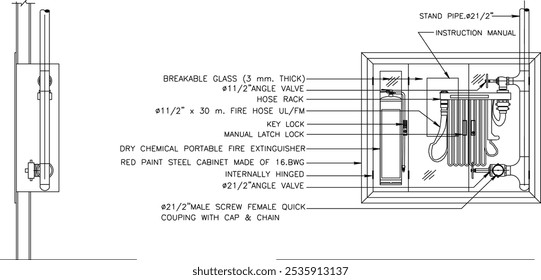 illustration design sketch completeness vector image detail FIRE HOSE CABINET FLUSH MOUNTED for fire safety