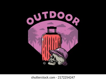 Illustration design of a skull head wearing a hat under a traveling suitcase