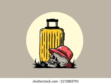 Illustration design of a skull head wearing a hat under a traveling suitcase