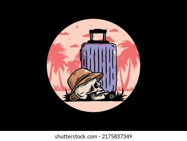 Illustration design of a skull head wearing a hat under a traveling suitcase