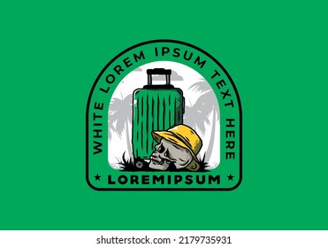 Illustration design of a skull head wearing a hat under a traveling suitcase