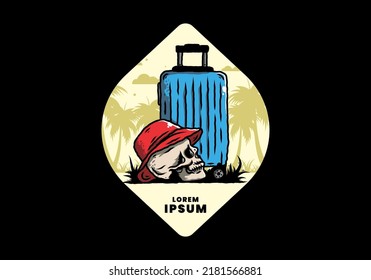 Illustration design of a skull head wearing a hat under a traveling suitcase