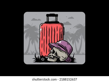 Illustration design of a skull head wearing a hat under a traveling suitcase