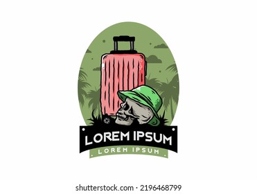 Illustration design of a skull head wearing a hat under a traveling suitcase
