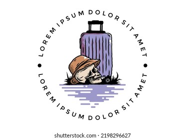 Illustration design of a skull head wearing a hat under a traveling suitcase