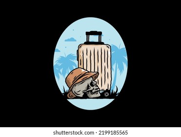 Illustration design of a skull head wearing a hat under a traveling suitcase