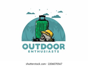 Illustration design of a skull head wearing a hat under a traveling suitcase