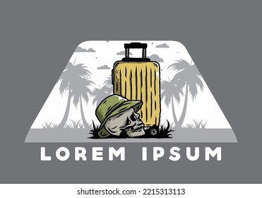 Illustration design of a skull head wearing a hat under a traveling suitcase