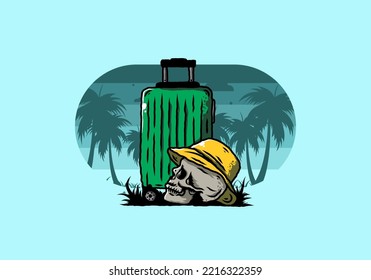 Illustration design of a skull head wearing a hat under a traveling suitcase